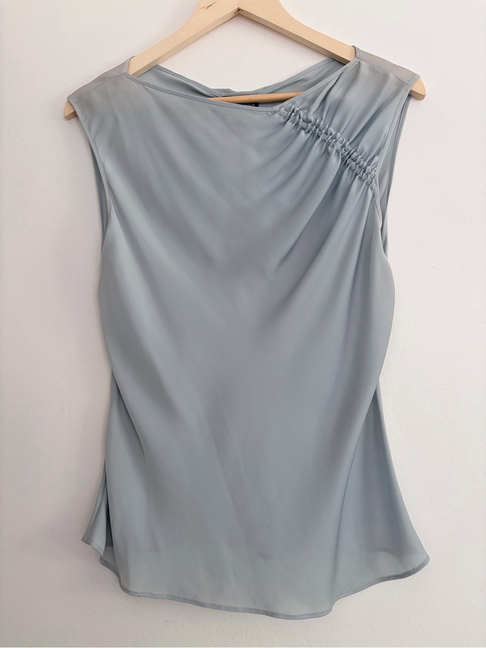 NWT Georgio Armani Silk Ruche Short Sleeve Blue Blouse *see minor flaws